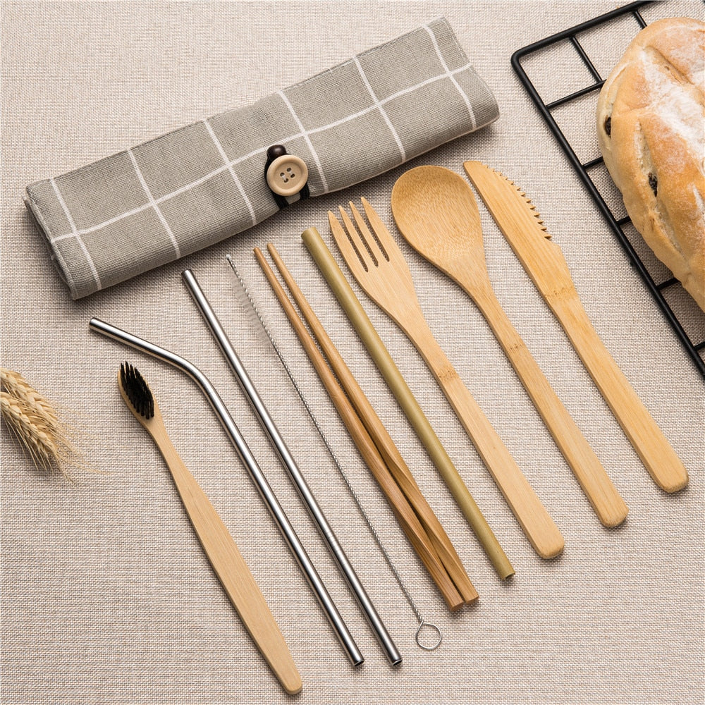 Bamboo Tableware Cutlery Set With Travel Bag