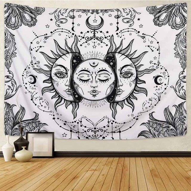 White Black Sun Moon Mandala Tapestry